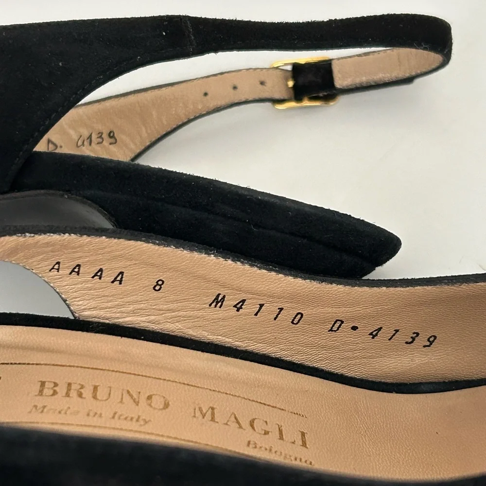Bruno Magli Suede Peep Toe Slingback Heels Black Size 8 AAAA Extra Narrow